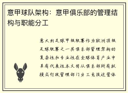 意甲球队架构：意甲俱乐部的管理结构与职能分工